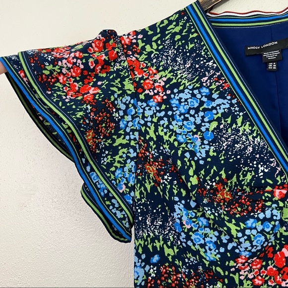 Maggy London Abbi Flounce Tea Length Floral Dress Flutter Sleeves Size 6 - Picture 5 of 13